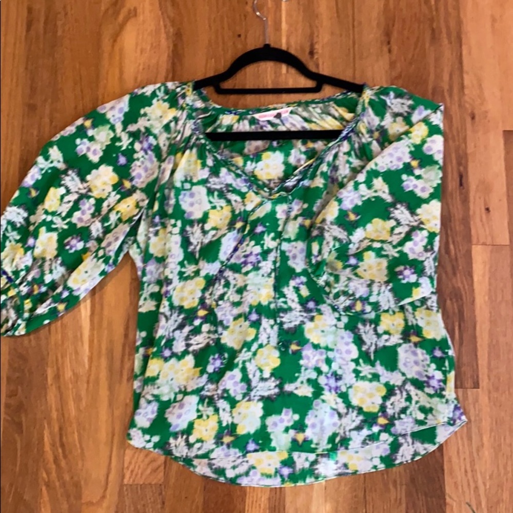 Rebecca Taylor Size 4 Green Floral Silk Blouse